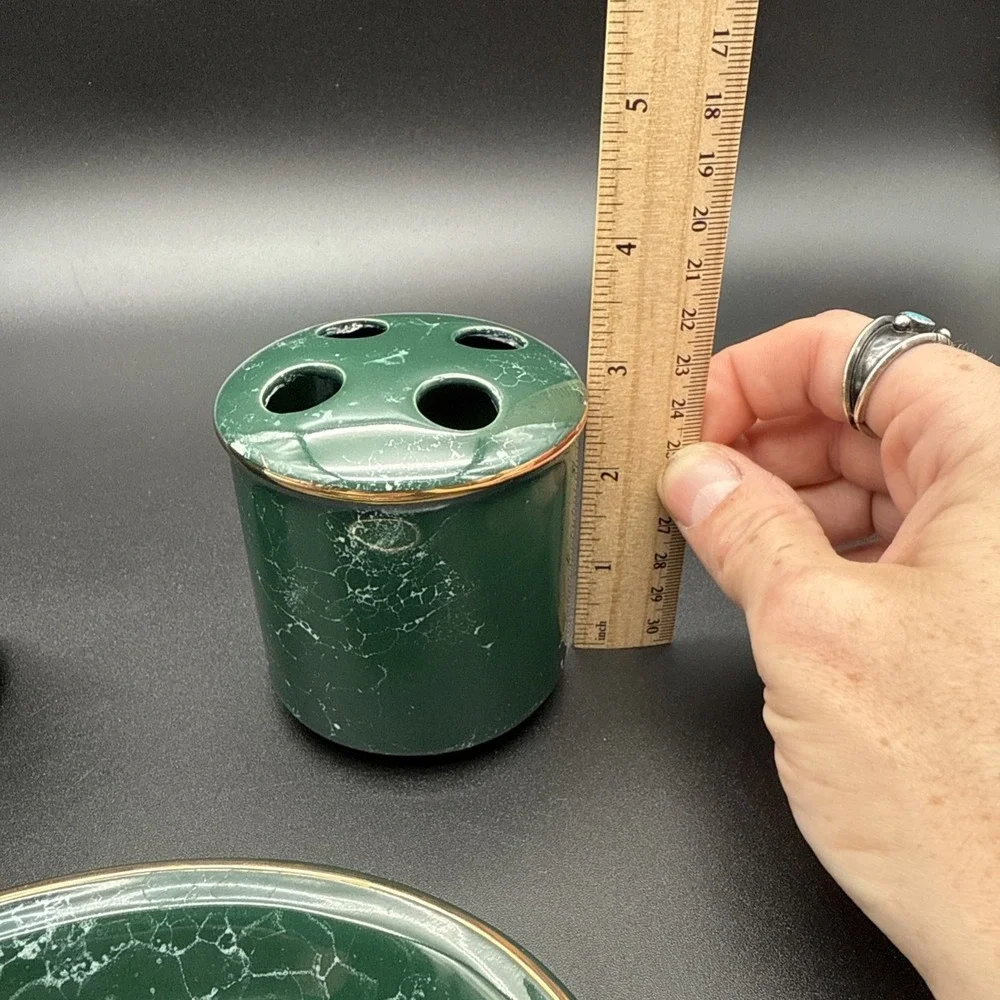 Green Marble‎ Soap Dish Tumbler Toothbrush Holder Bathroom Set Vintage Gold Rim